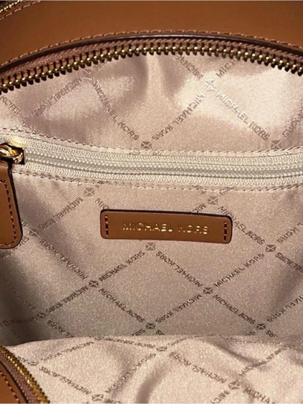 Michael Kors Ivory Monogram Backpack with Brown Trim